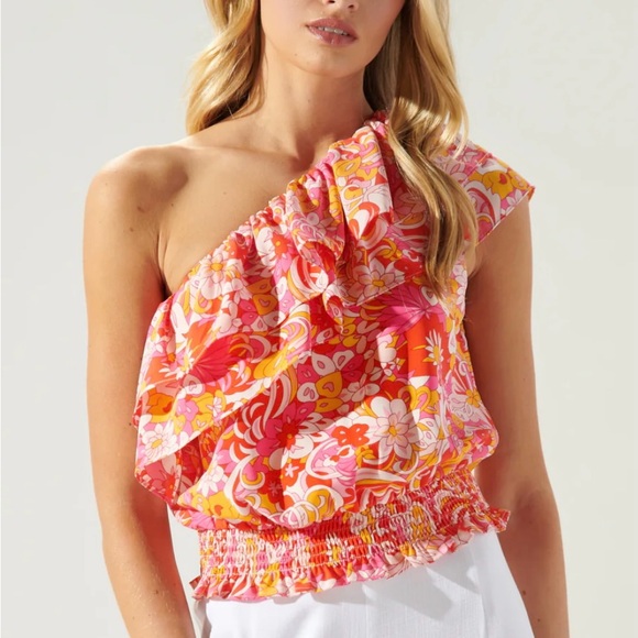 NWT Mellow Groove One Shoulder Ruffle Crop Top Floral Pink Size M - Picture 1 of 11